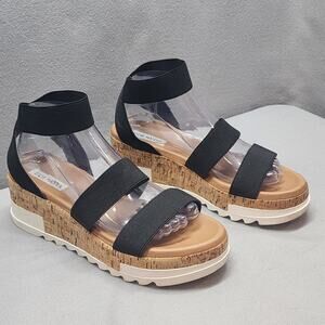 Steve Madden Bandi‎ Platform Wedge Heel Sandals Cork Ankle Strap Black Women's 9